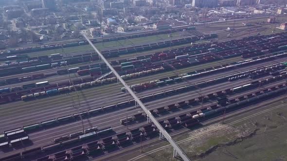 Aerial View of Railway Sorting Station and A Lot of Wagons at a Railway alt