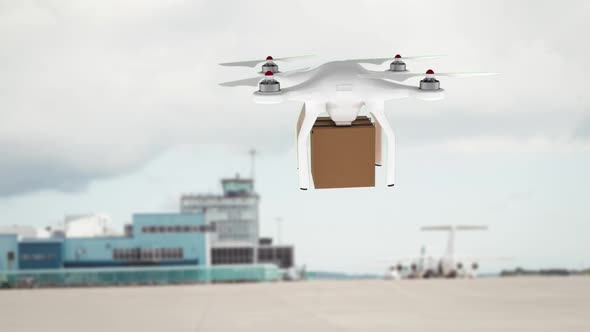 Delivery drone against a cargo ship  alt