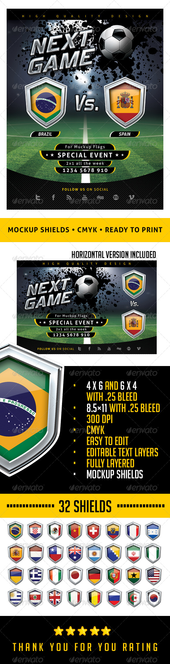 Flyer Soccer Template with Mockup Shields - Sports Events
