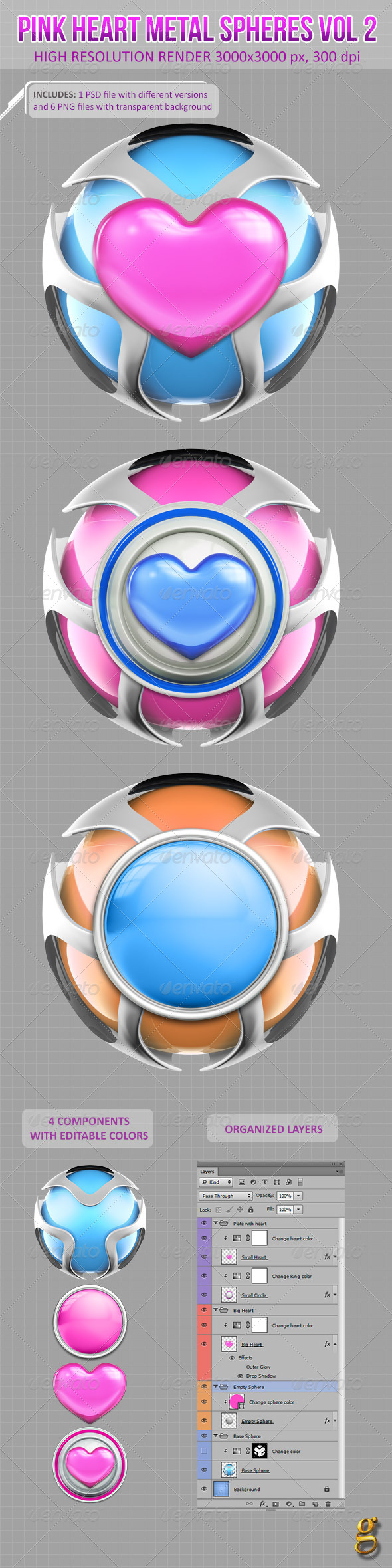 3D Pink Heart Metal Spheres Vol 2 - Abstract 3D Renders
