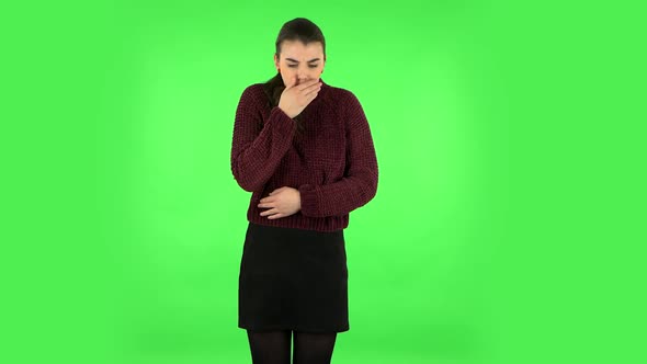 Cute Female Feels Bad, Her Stomach Hurts, Feeling Nausea. Green Screen alt