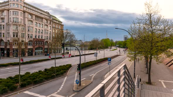 Moving time lapse of beautiful historic building of Kunsthalle with huge intersection, traffic and H alt