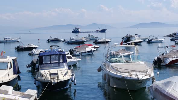Motor boats at Suadiye coast and The Princes Islands landscape