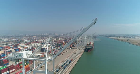 Aerial view of container ships and lifting cranes in the Port of Oakland California alt