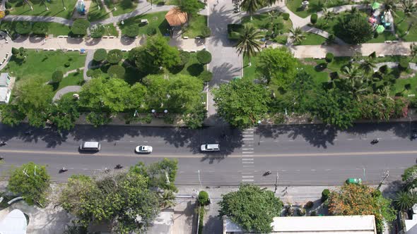 Aerial Top Down View of Junction with Cars and Traffic at the Morning