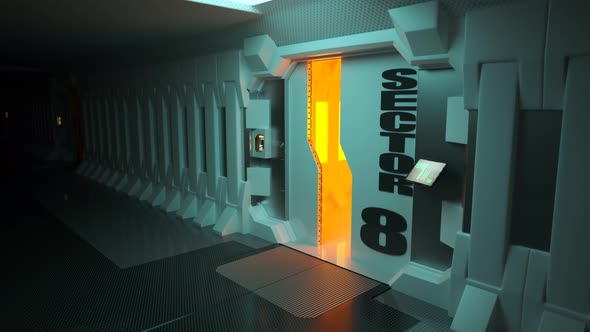 Opened sci-fi spacecraft doors with orange illuminating the spacecraft corridor.