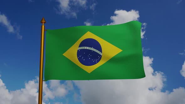 National flag of Brazil waving with flagpole and blue sky timelapse alt