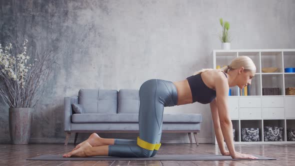 Young and sporty girl in sportswear is doing exercises in home interior using resistance band. alt