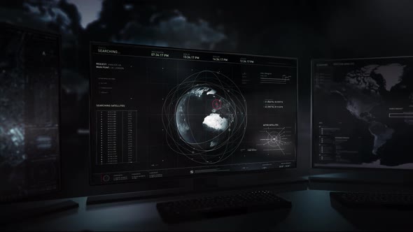 Software on computer screen. Searching and activating satellites. UK Data. UI alt