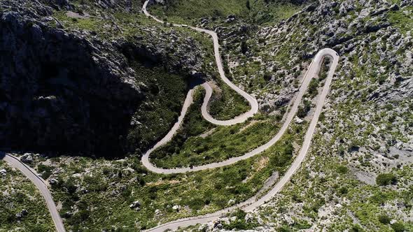 Aerial View Winding Serpentine Road at Mallorca Isle