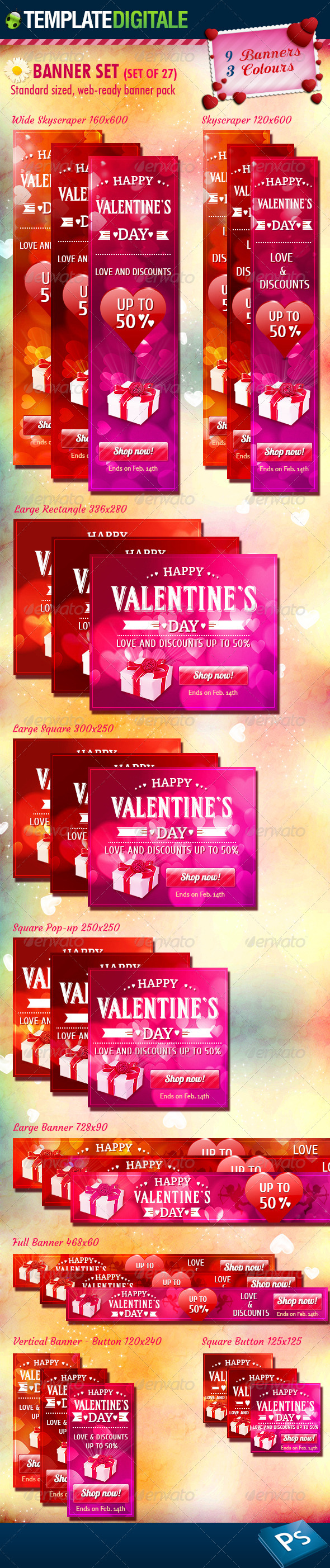 27 - Valentine's Day Banner Set - Banners & Ads Web Elements