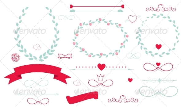 Set of Wedding Graphics with Arrows, Hearts and Ribbons - Decorative Symbols Decorative