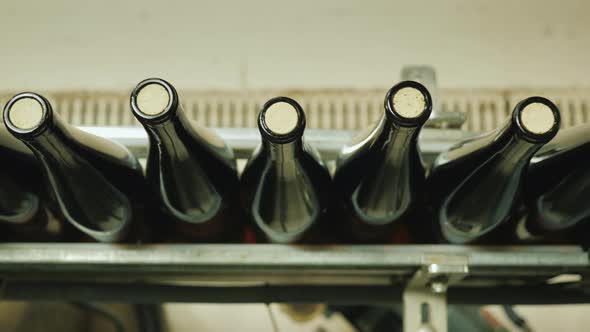 Top View of Wine Bottles Closed with a Cork Stopper Move Along the Conveyor Belt. alt