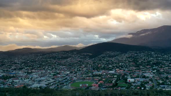 Sunset from Queen's Domain over Hobart with Mt Wellington, Tasmania Aerial Drone 4K