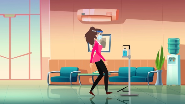 People Using Foot Operated Sanitizer Dispenser - Wearing Mask - Corona Safety Precautions Animations