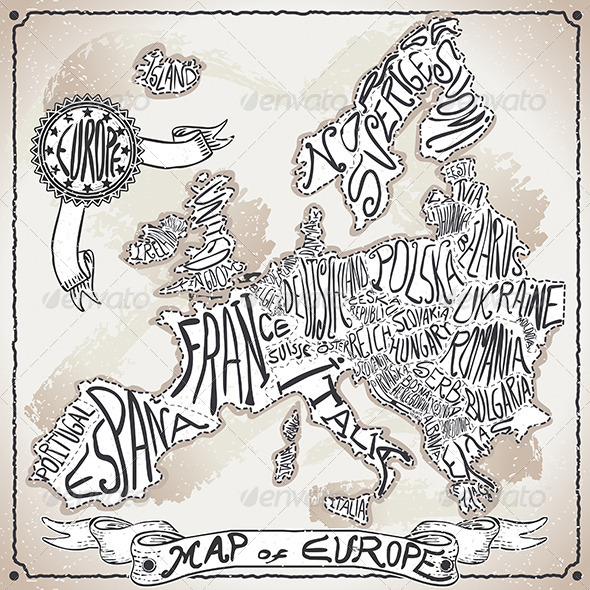 Europe Map on Vintage Handwriting Page - Decorative Vectors