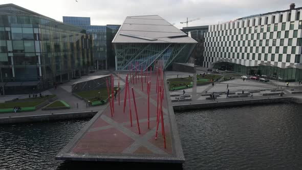 Drone shot of the Bord Gais Theatre in Dublin City Centre. alt