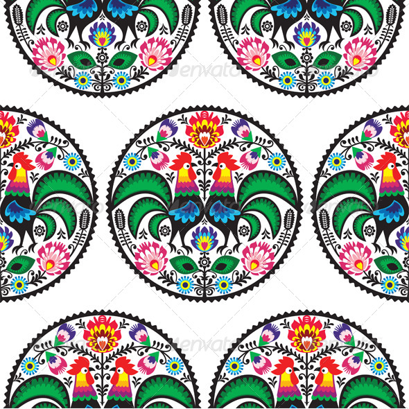 Seamless Polish Floral Pattern with Roosters - Patterns Decorative