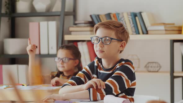 Diligent Schoolboy Asking a Question during Lesson alt