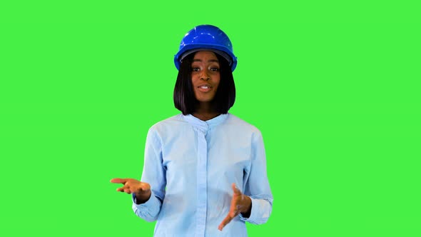 Young Friendly Female Wearing Construction Helmet Talk Present Product or Project for Investment on