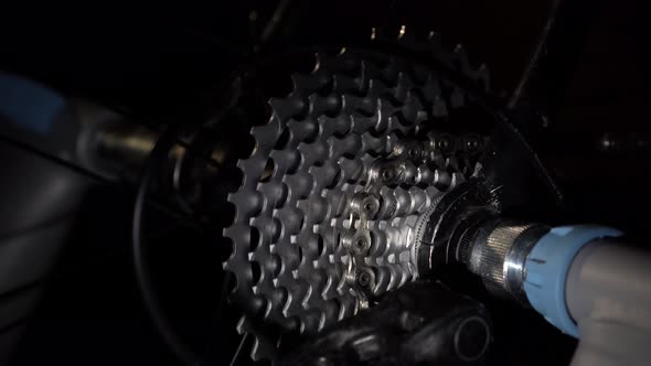 Closeup Part of Bike Cogwheel is Rotating with Chain and Changing Gear