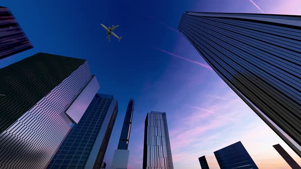 The Plane Flies Over The Buildings alt