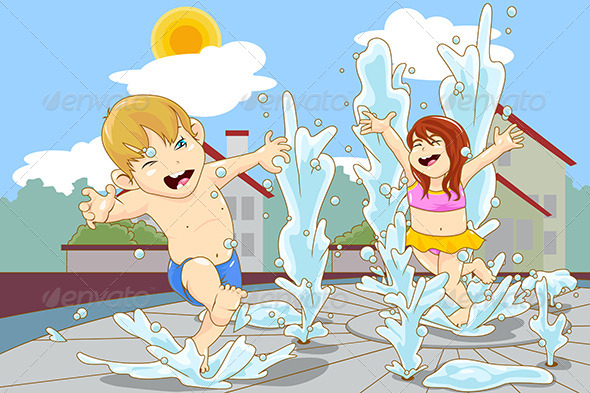 Playing in Water Fountain - People Characters