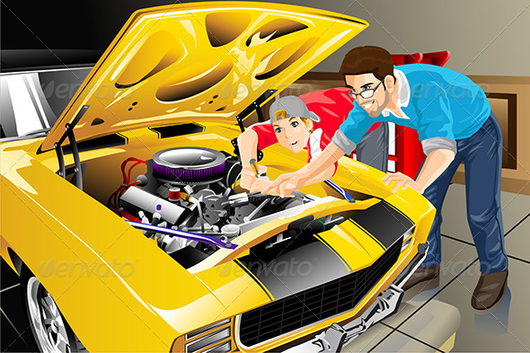 Father and Son with their Car - People Characters