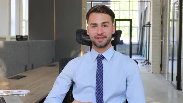 Businessman talking at webcam making conference video call for job interview, consulting client alt