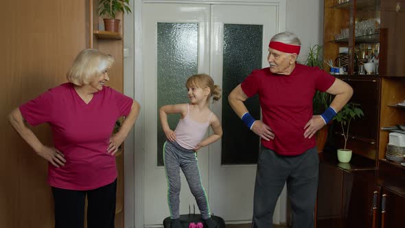 Active Senior Couple Grandmother Grandfather with Child Kid Girl Doing Fitness Stretching Exercises alt