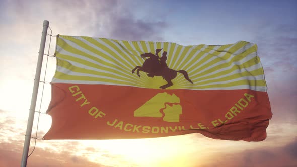 Jacksonville City Flag Waving in the Wind Sky and Sun Background alt