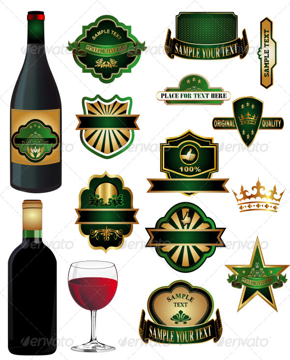 Wine Bottle with Vintage labels - Food Objects