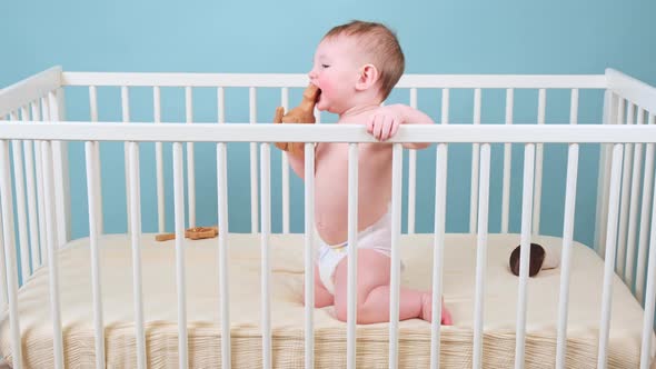 Infant baby boy is sitting in a crib and playing with toys, blue studio background alt