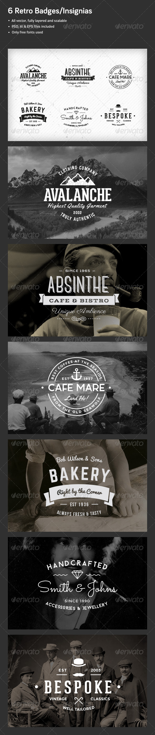 6 Retro Badges/Insignias - Badges & Stickers Web Elements