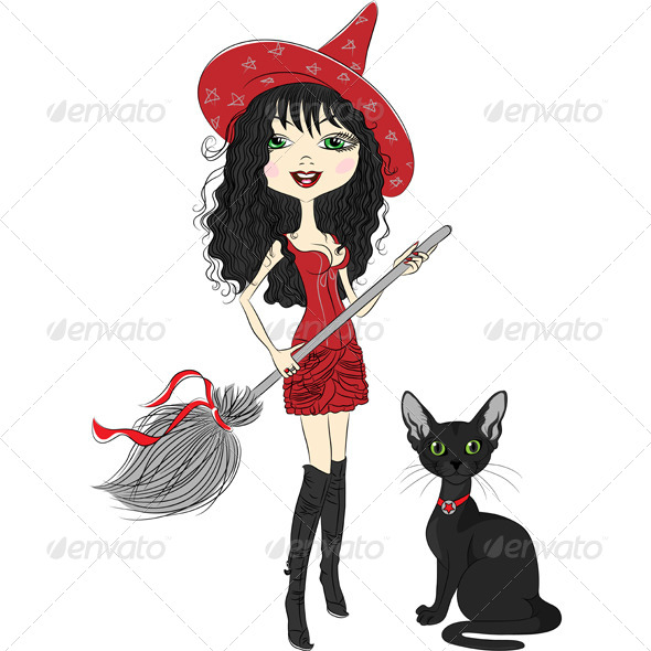 Girl Witch With A Broom And Black Cat By Kavalenkava Graphicriver