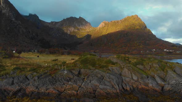 drone shot in norway at the lofoten. A lot of mountains, water and some horses alt