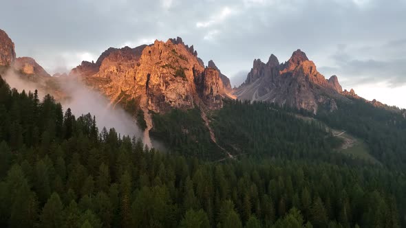 Aerial view of a summer forest with fog and mist alt