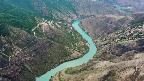 Aerial view on the Sulak river in Sulak canyon at the mountains Dagestan