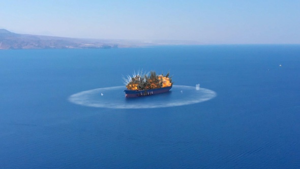 Military Drone Attacks Oil Tanker Ship Illustration alt