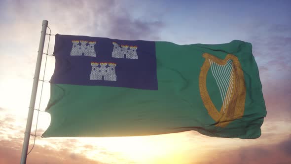 Flag of Dublin Capital City of Ireland Waving in the Wind Sky and Sun Background alt