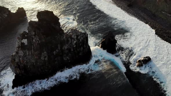 Drone Fly Around Huge Sea Cliff near Ribeira Da Janela Coast, Madeira Island Portugal