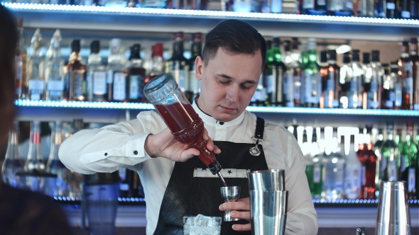 Young Handsome Barman in Bar Interior Mixing Alcohol Cocktail