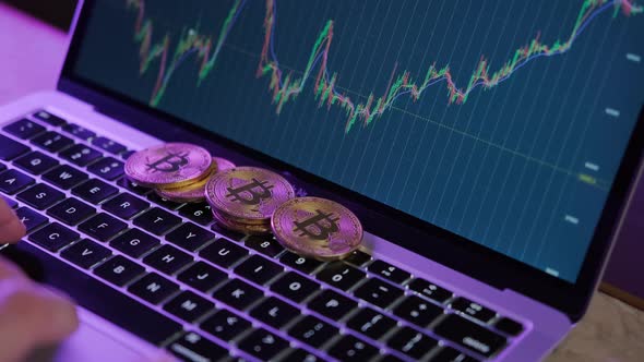 Gold Coin Bitcoin on Keyboard Hands on the Keyboard Type Text Crypto Currency Course alt