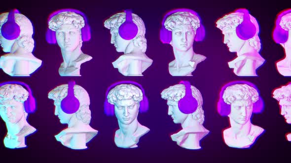 Statues wearing purple headphones are drifting through the web background alt