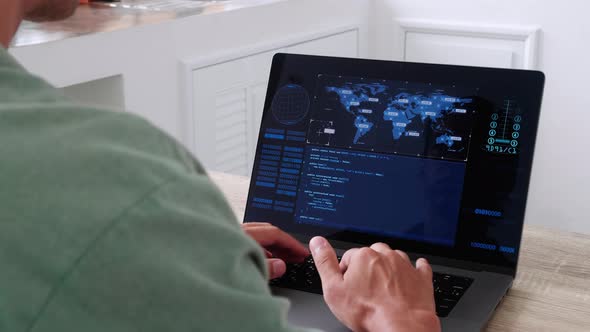 Over the Shoulder View of Man Freelance Data Scientist Work Remotely at Home Coding Programming on alt