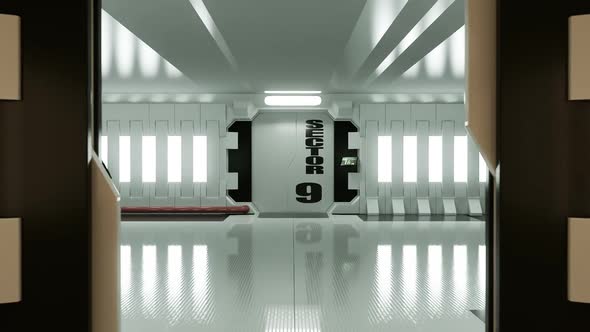 Interior of the spaceship. Futuristic corridor with the sliding door module.