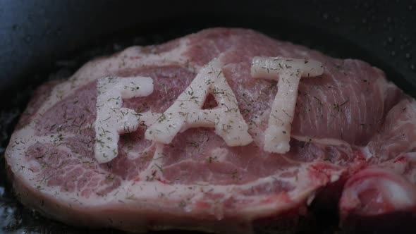  Frying steak in a frying pan with "FAT" word
