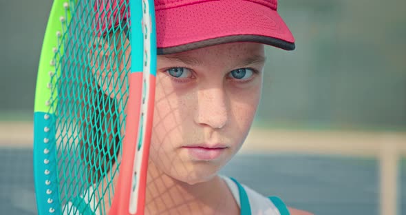 Cinematic Shot of Beautiful Sweaty Girl with Big Blue Eyes and Tennis Racket alt