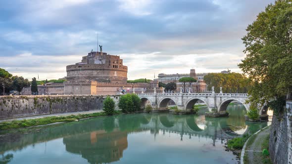 Castel Sant'Angelo and Bridge Over Tiber River in Rome Italy