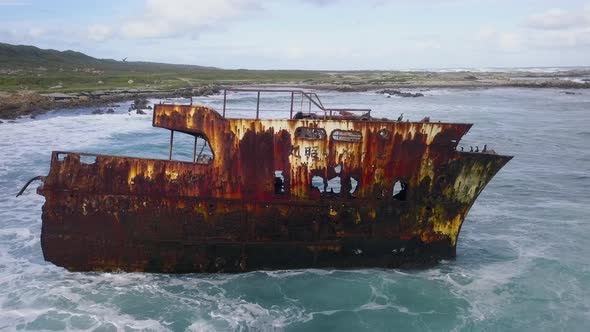 Aerial of old shipwreck in the ocean